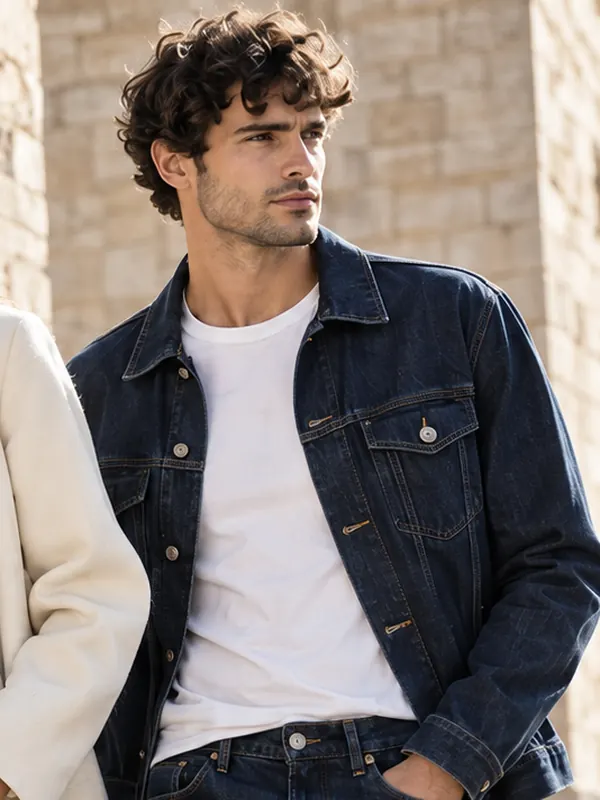 Uomo in giacca di jeans e maglietta bianca