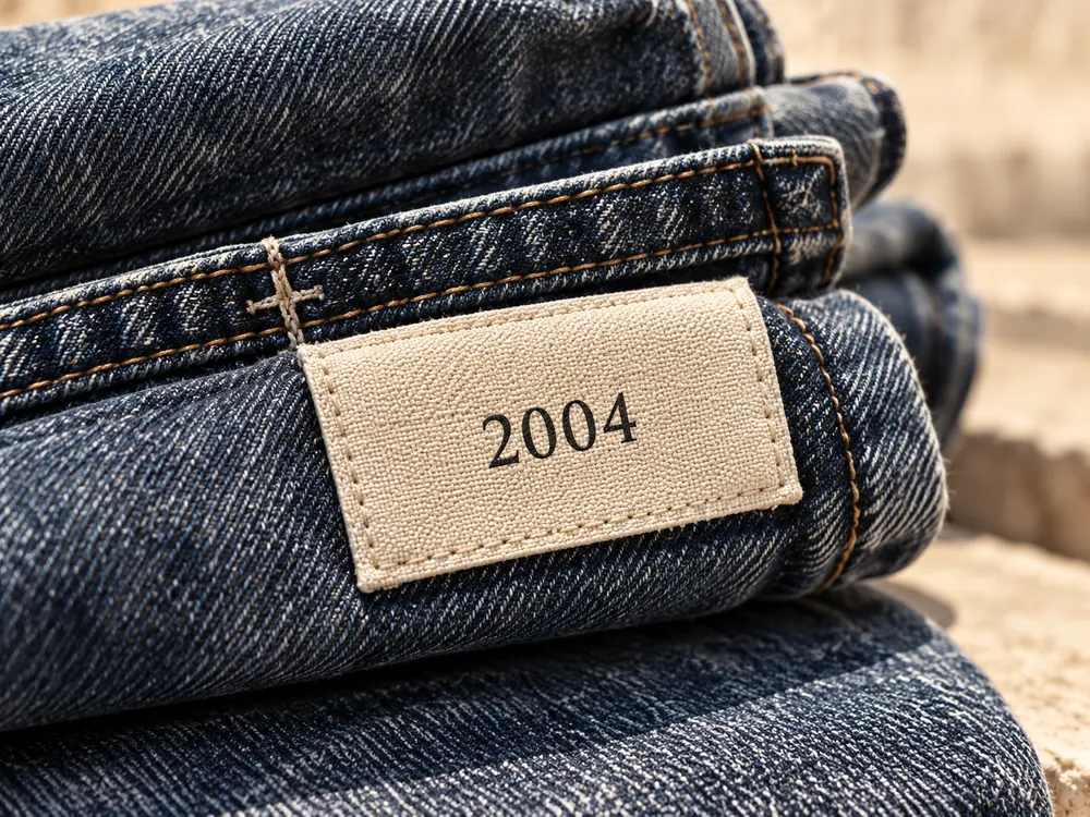 Jeans piegati con l'etichetta in tela con scritto 2004
