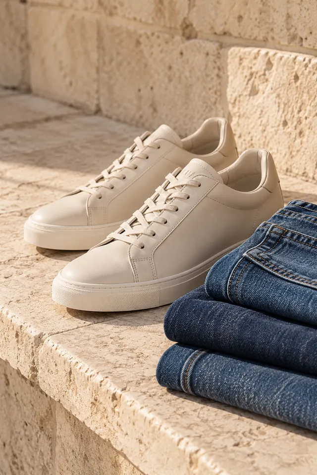 Sneakers avorio e jeans piegati su un gradino di pietra