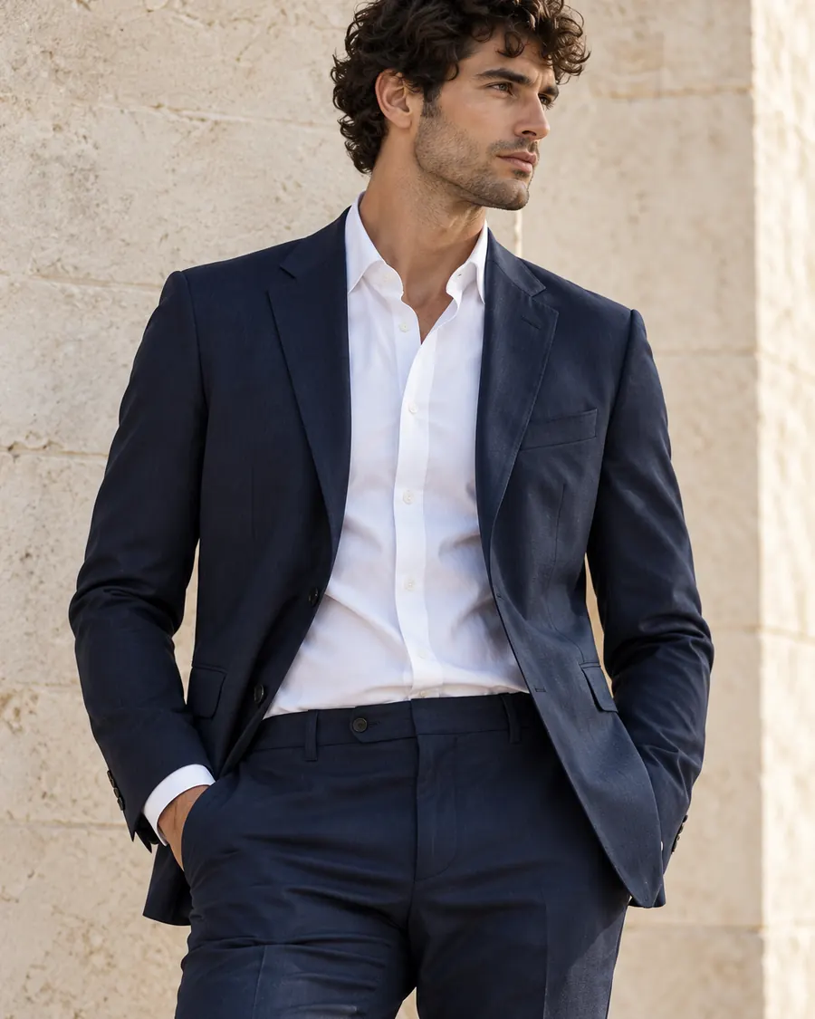 Uomo in abito blu e camicia bianca davanti a un muro di pietra