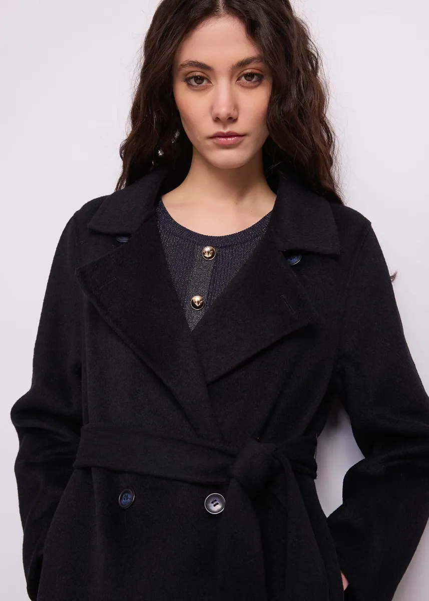 Cappotto doppiopetto con cintura Gaudì, nero, foto 3 di 4
