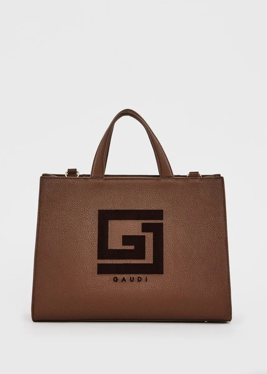 Shopping bag con logo e tracolla Gaudì, marrone, foto 1 di 4