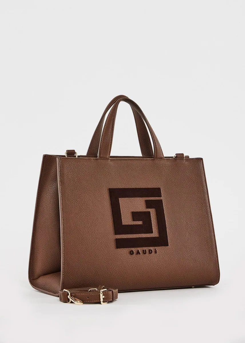 Shopping bag con logo e tracolla Gaudì, marrone, foto 3 di 4