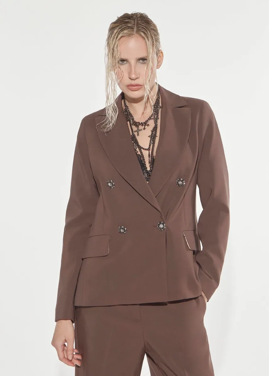 Blazer doppiopetto con bottoni gioiello Denny Rose, marrone cioccolato, foto 1 di 4