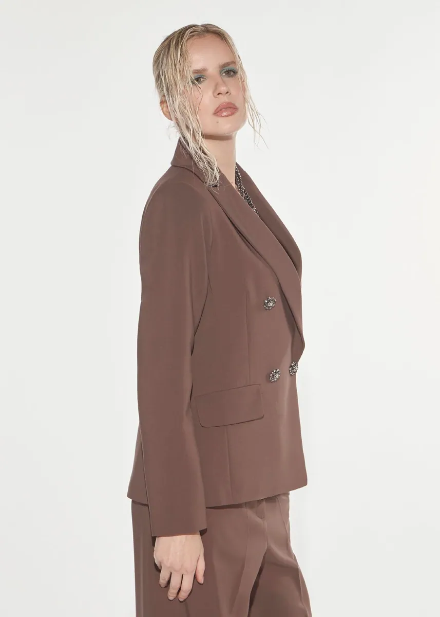 Blazer doppiopetto con bottoni gioiello Denny Rose, marrone cioccolato, foto 2 di 4