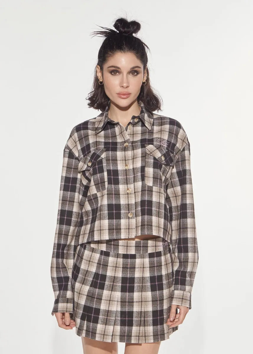 Camicia cropped in flanella check con ricamo Denny Rose, moka e beige, foto 1 di 3
