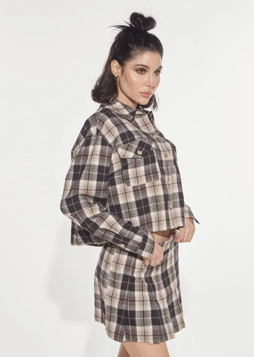 Camicia cropped in flanella check con ricamo Denny Rose, moka e beige, foto 2 di 3