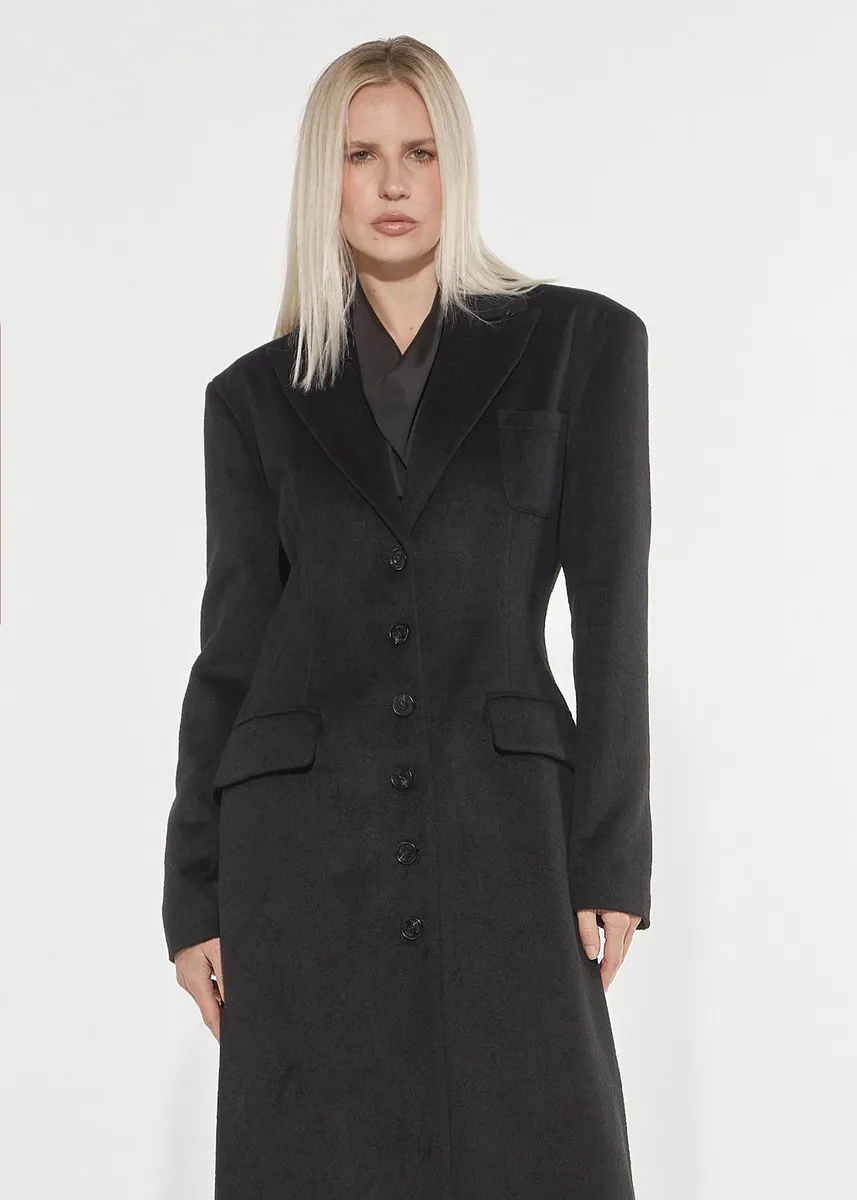 Cappotto lungo in misto lana con spalle strutturate Denny Rose, nero, foto 1 di 4