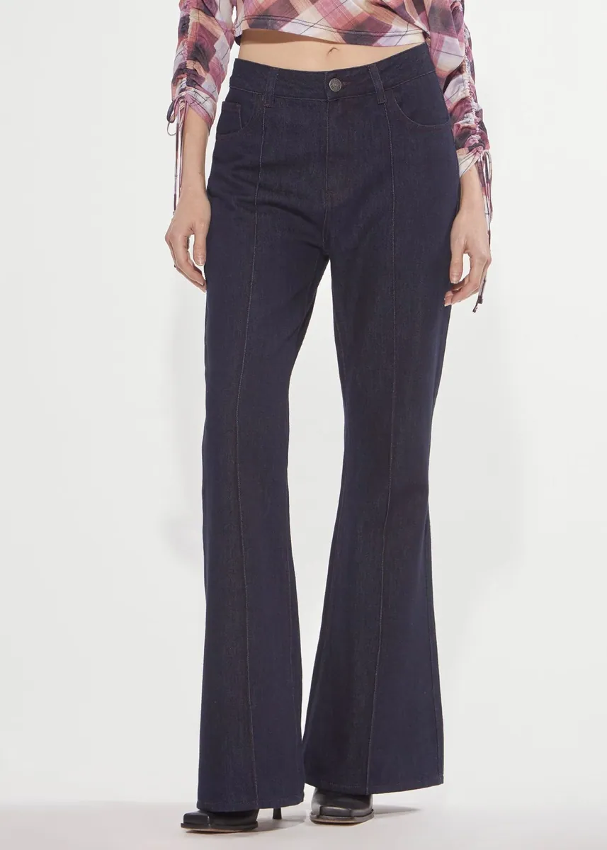 Jeans flare con scritta gotica floccata Denny Rose, blu scuro, foto 1 di 4