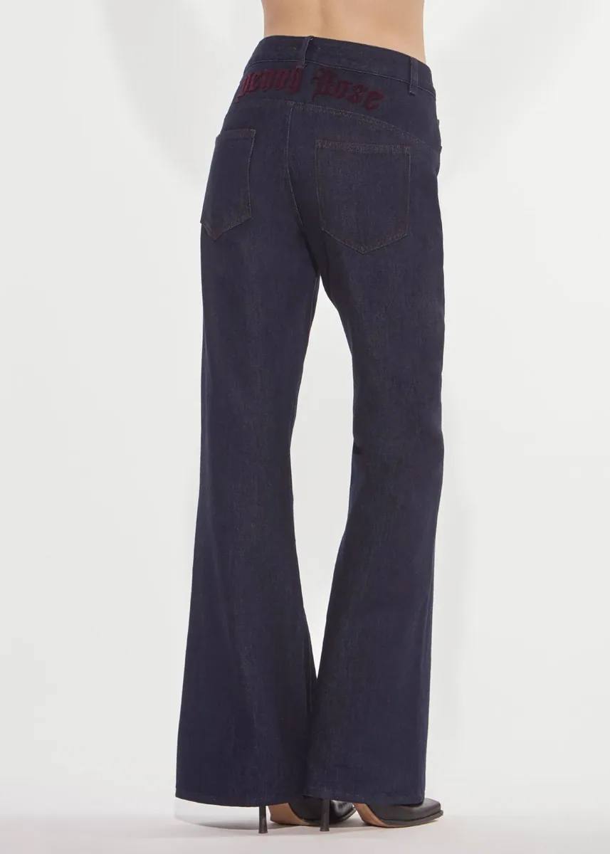 Jeans flare con scritta gotica floccata Denny Rose, blu scuro, foto 3 di 4