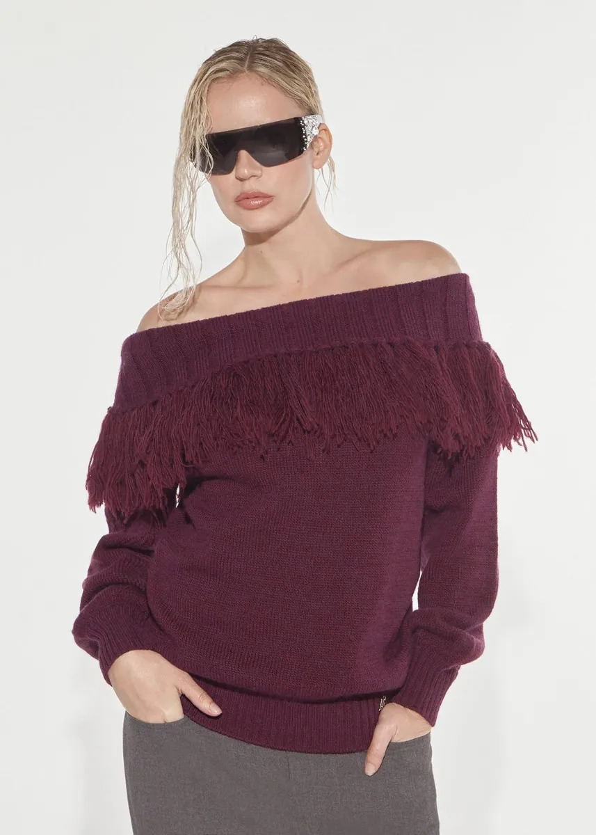 Maglia con scollo Schiffer e frange Denny Rose, bordeaux, foto 1 di 3
