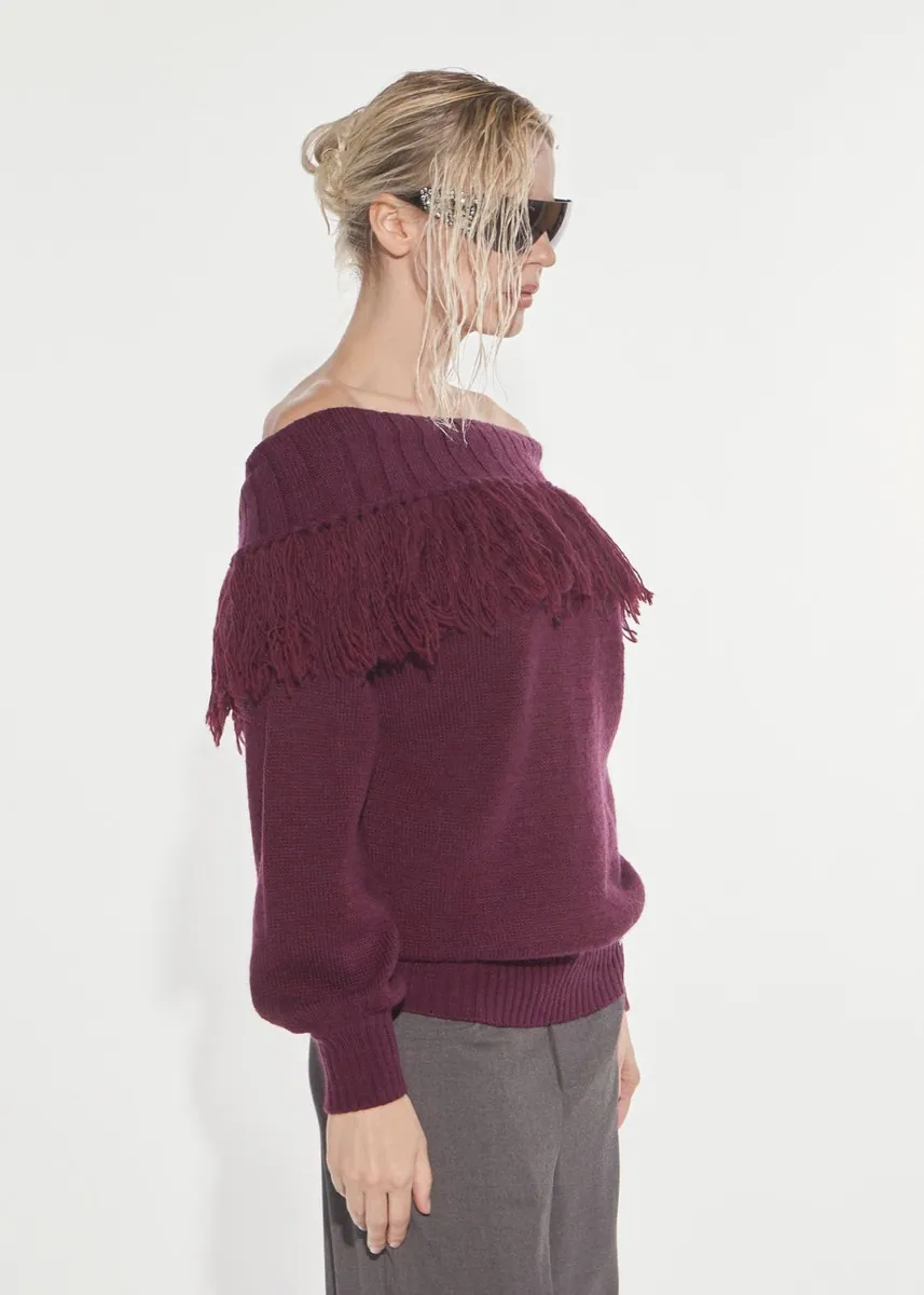 Maglia con scollo Schiffer e frange Denny Rose, bordeaux, foto 2 di 3