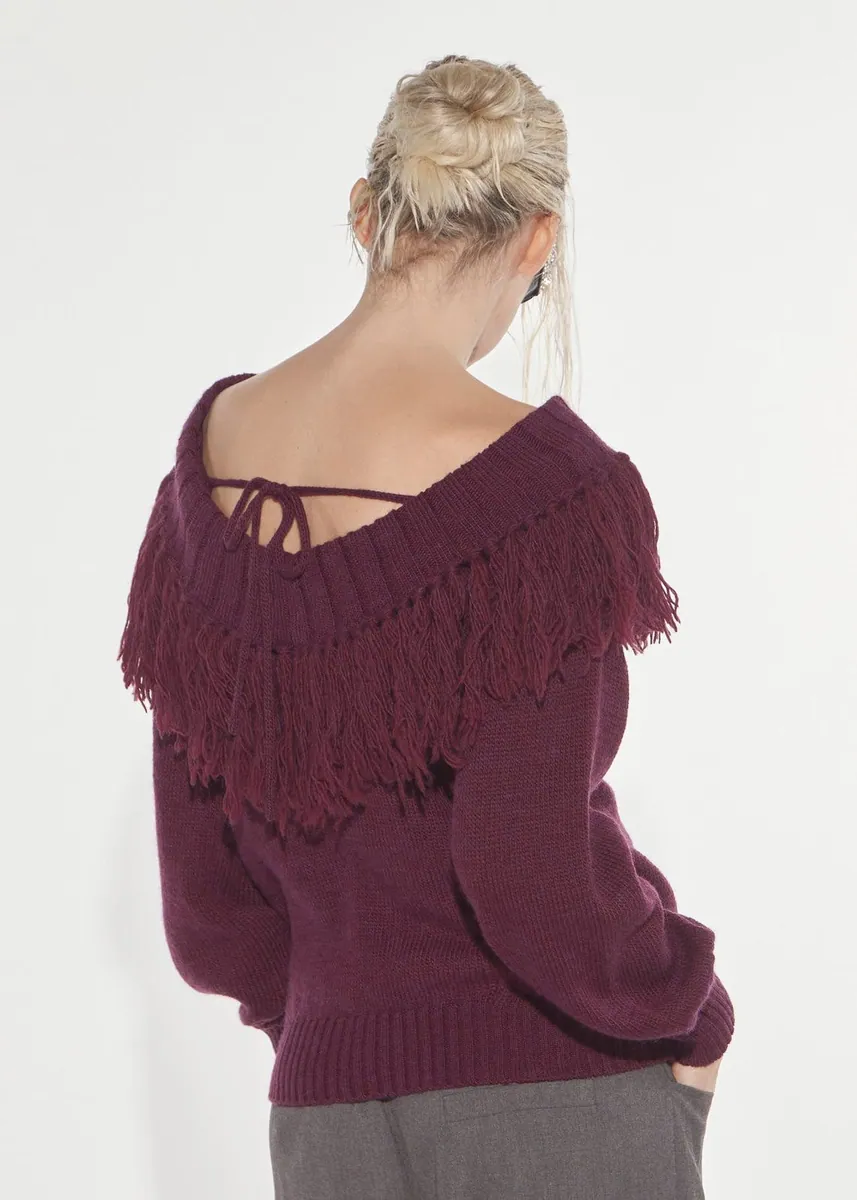 Maglia con scollo Schiffer e frange Denny Rose, bordeaux, foto 3 di 3