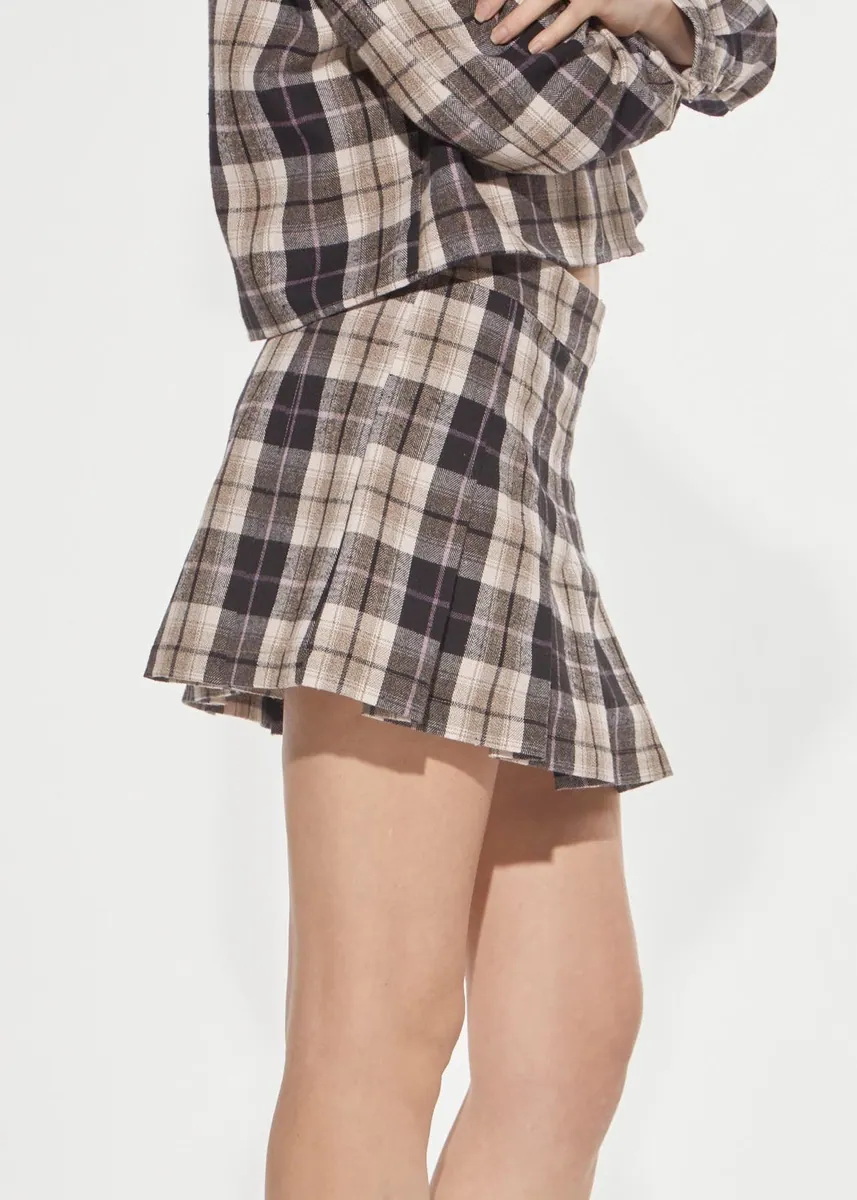 Minigonna a pieghe in flanella tartan Denny Rose, moka e beige, foto 2 di 3