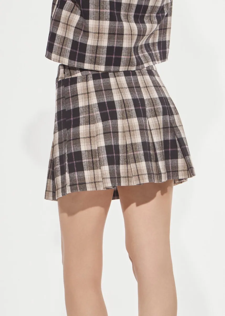Minigonna a pieghe in flanella tartan Denny Rose, moka e beige, foto 3 di 3