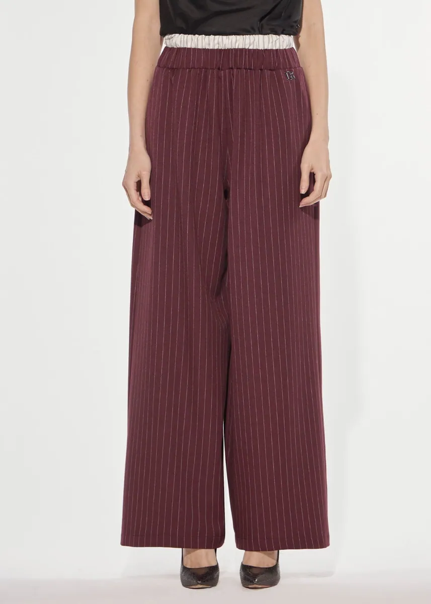 Pantalone wide gessato con doppia banda elastica Denny Rose, bordeaux, foto 1 di 4
