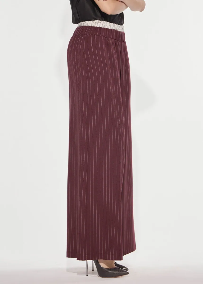 Pantalone wide gessato con doppia banda elastica Denny Rose, bordeaux, foto 2 di 4