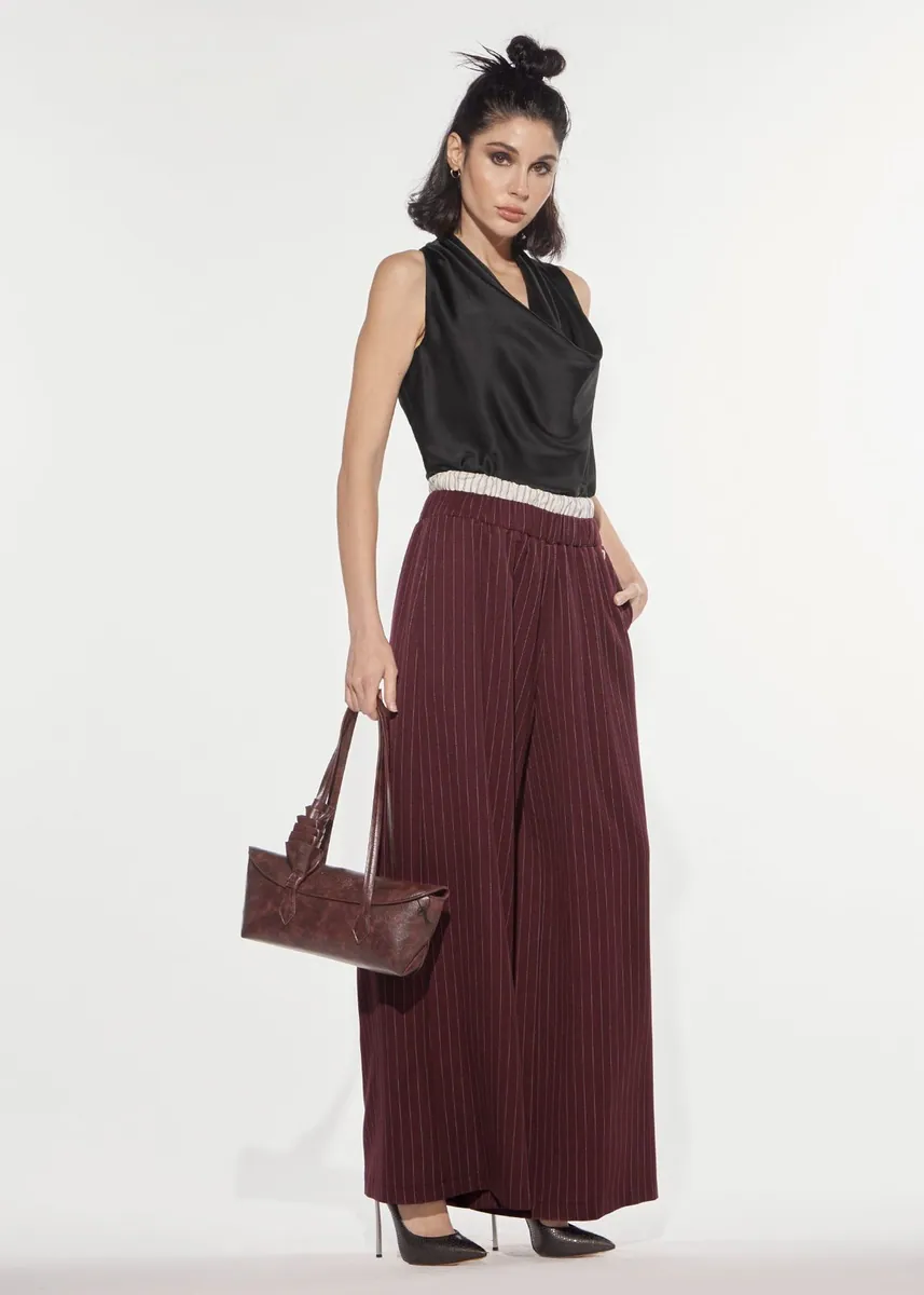 Pantalone wide gessato con doppia banda elastica Denny Rose, bordeaux, foto 4 di 4