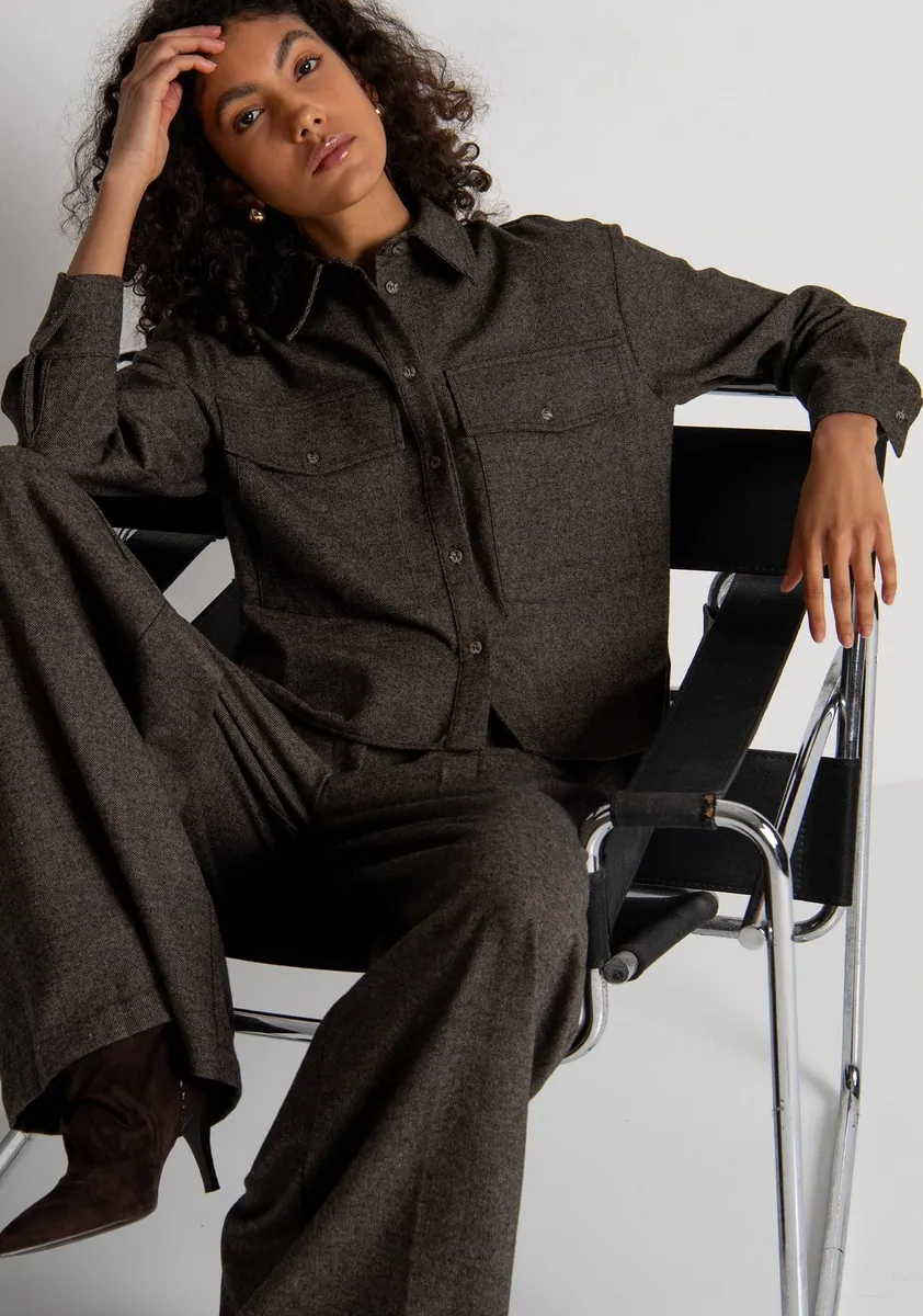 Camicia oversize in tweed con lana Fracomina, marrone, foto 2 di 4