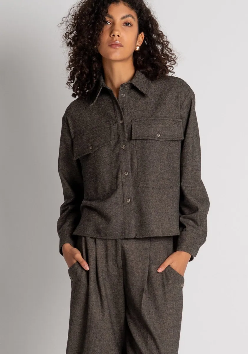 Camicia oversize in tweed con lana Fracomina, marrone, foto 3 di 4