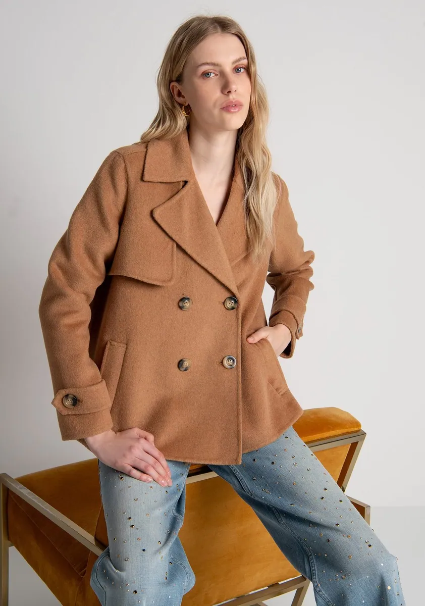 Cappotto doppiopetto in panno con lana, linea ad A Fracomina, cammello, foto 2 di 4