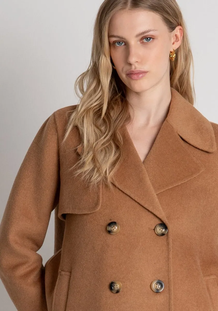 Cappotto doppiopetto in panno con lana, linea ad A Fracomina, cammello, foto 3 di 4