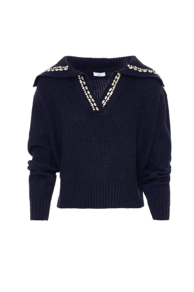 Maglia in misto lana con colletto gioiello Fracomina, blu scuro, foto 1 di 4