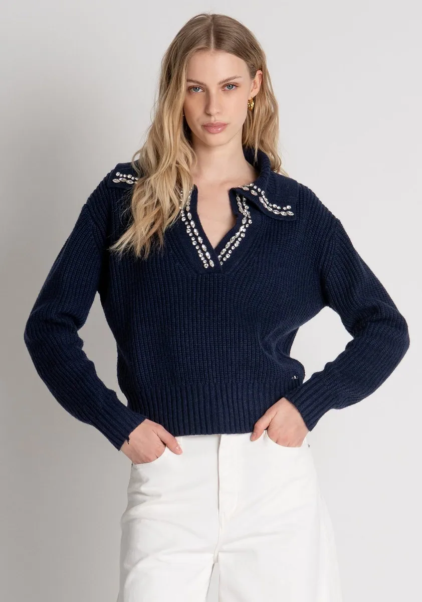 Maglia in misto lana con colletto gioiello Fracomina, blu scuro, foto 3 di 4
