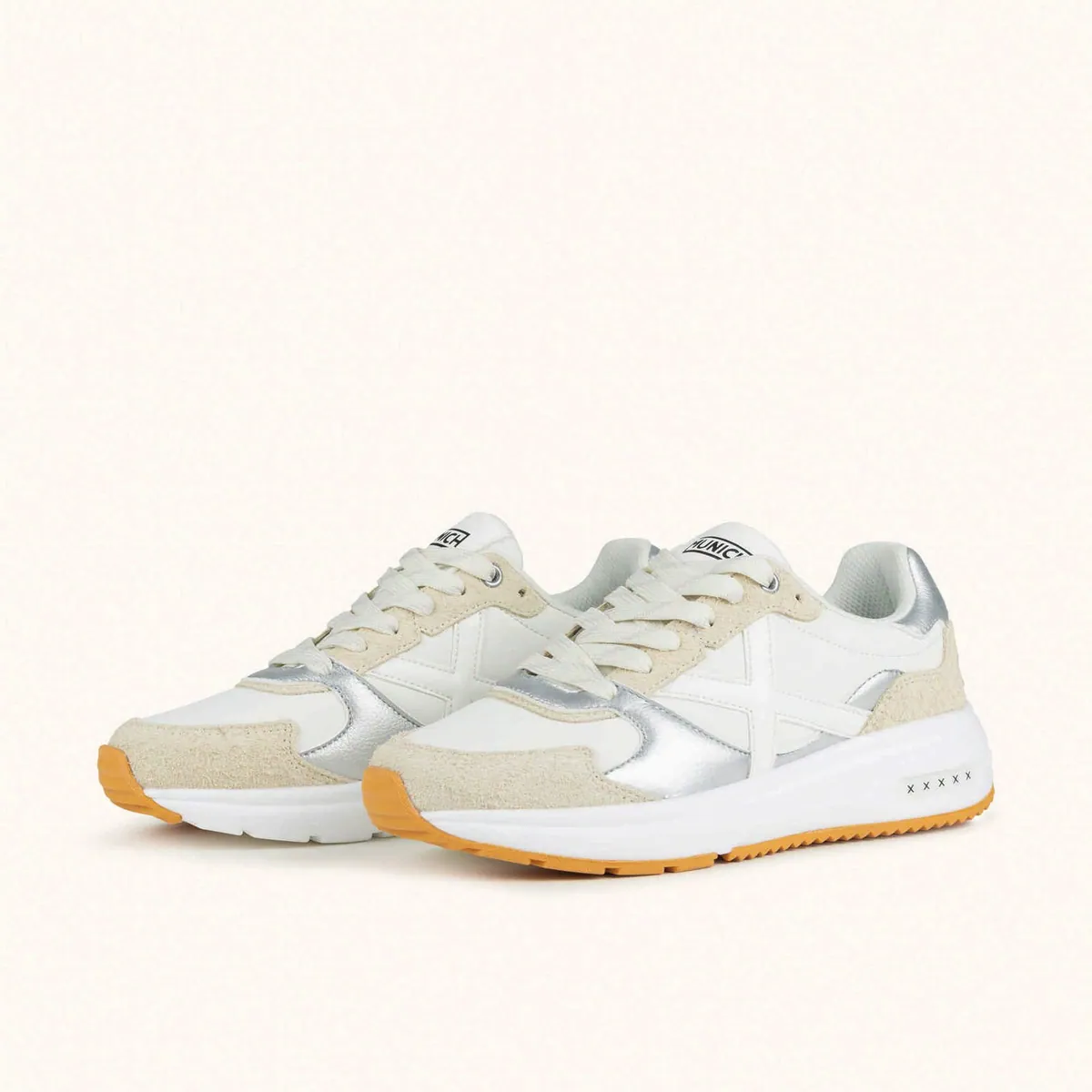 Sneakers Aurea con inserti scamosciati Munich, bianco, argento e beige, foto 3 di 4