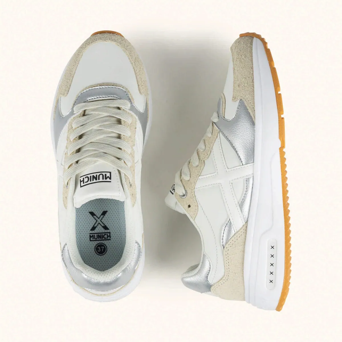 Sneakers Aurea con inserti scamosciati Munich, bianco, argento e beige, foto 4 di 4