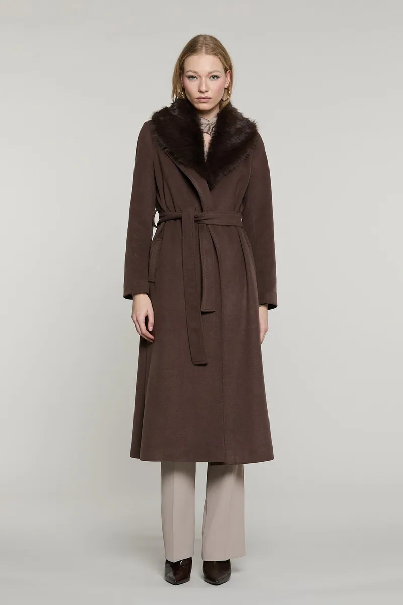 Cappotto lungo con cintura e collo staccabile Relish, marrone, foto 1 di 4