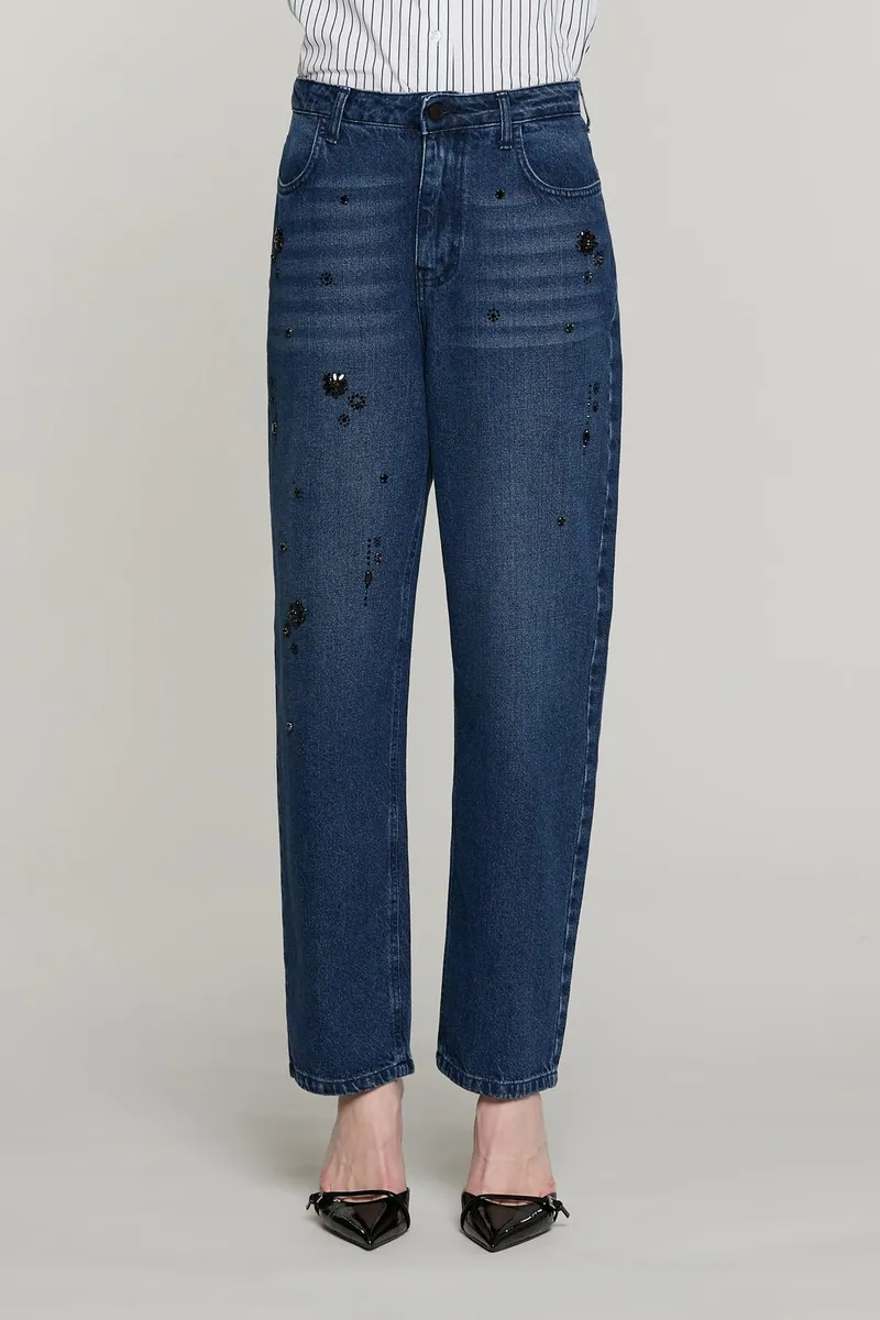 Jeans baggy a vita media con castoni e pietre Relish, blu, foto 1 di 4