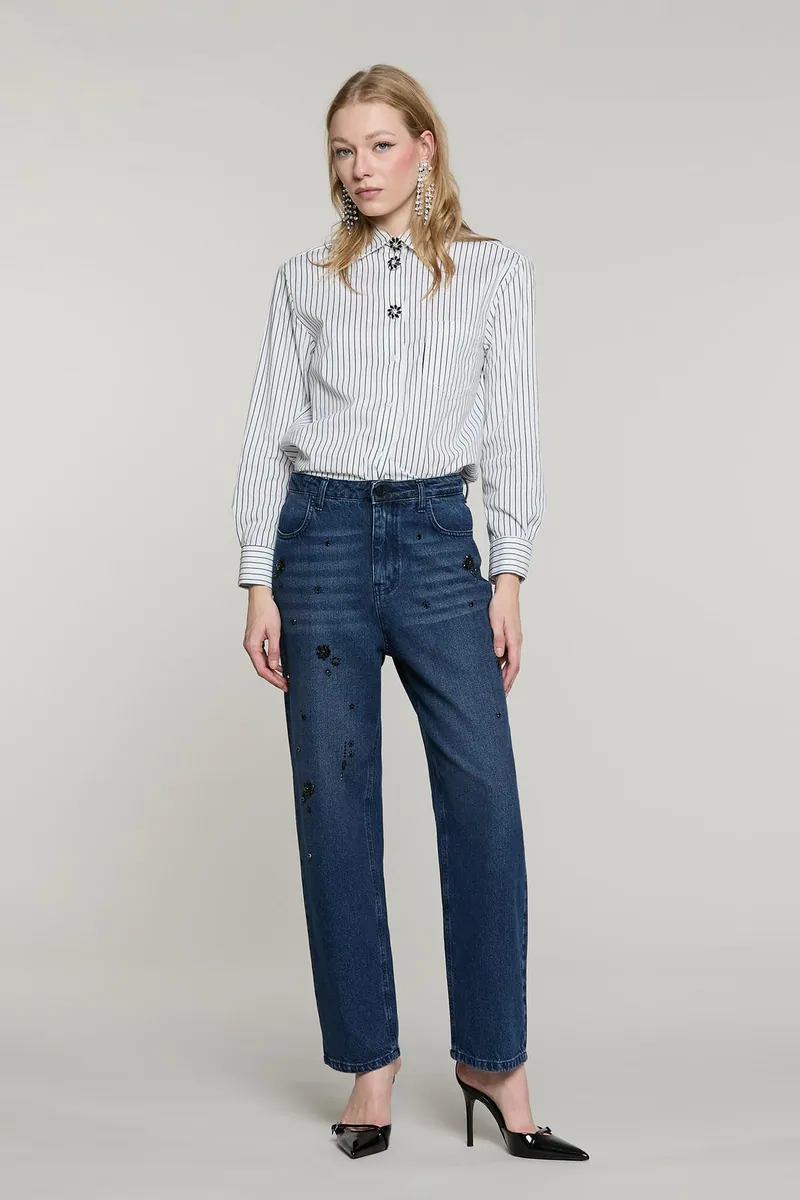 Jeans baggy a vita media con castoni e pietre Relish, blu, foto 2 di 4