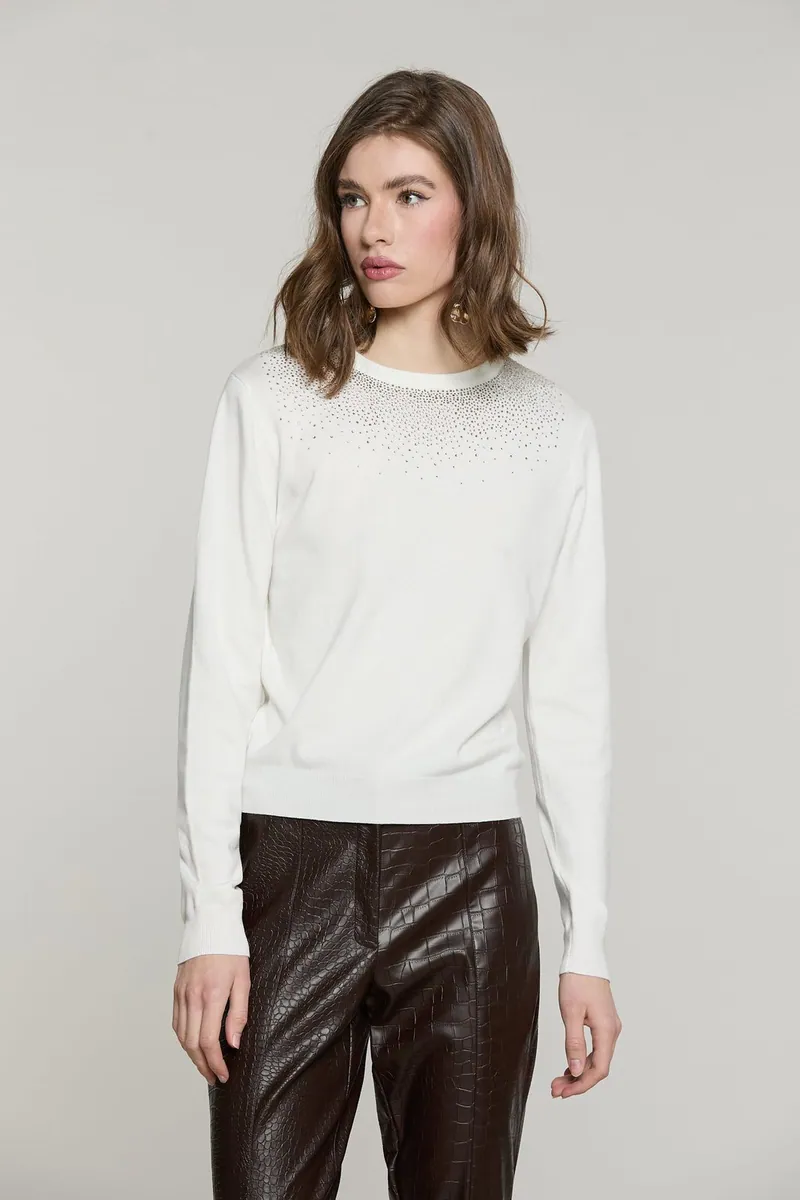 Maglia girocollo con strass Relish, bianco latte, foto 1 di 4