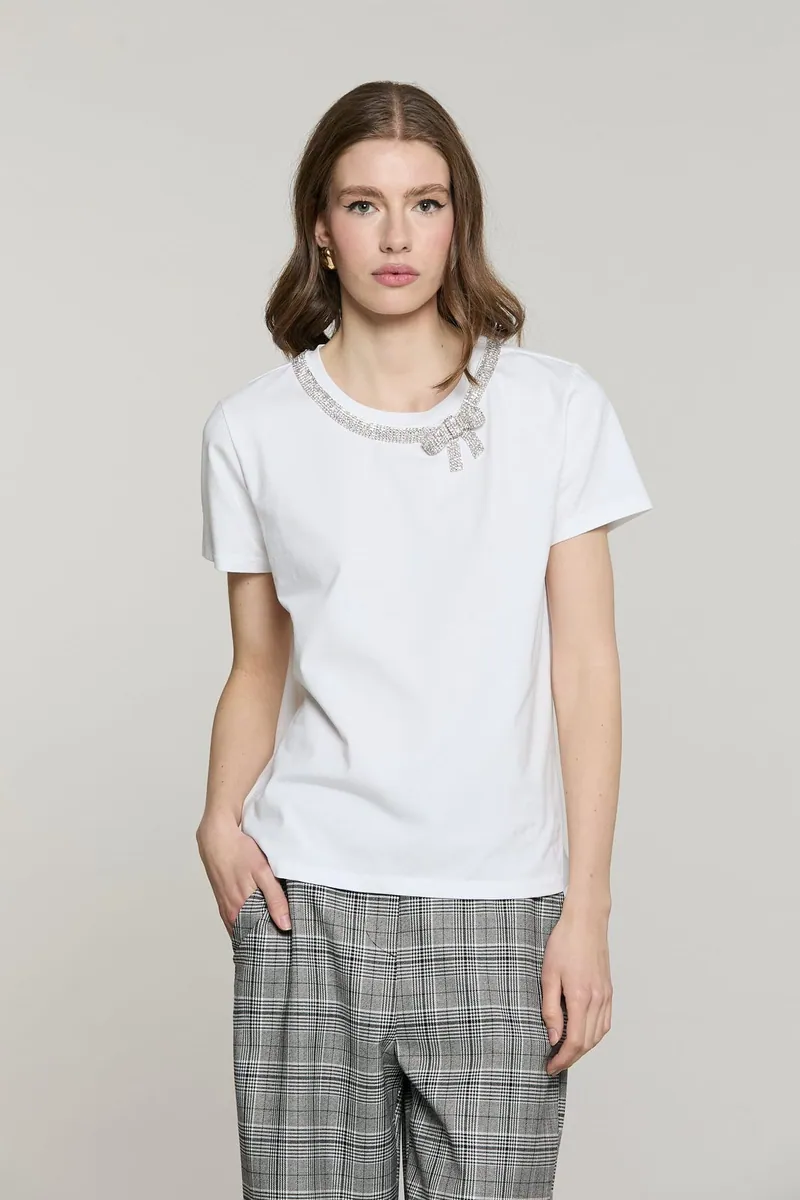 T-shirt girocollo con fiocco di strass Relish, bianco, foto 1 di 3