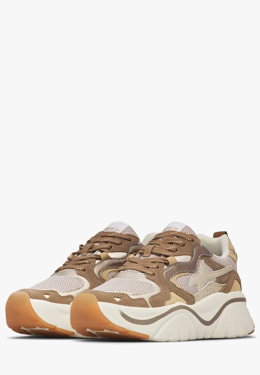 Sneakers Mia in pelle e tessuto con dettagli oro W6YZ, tortora-oro, foto 3 di 4