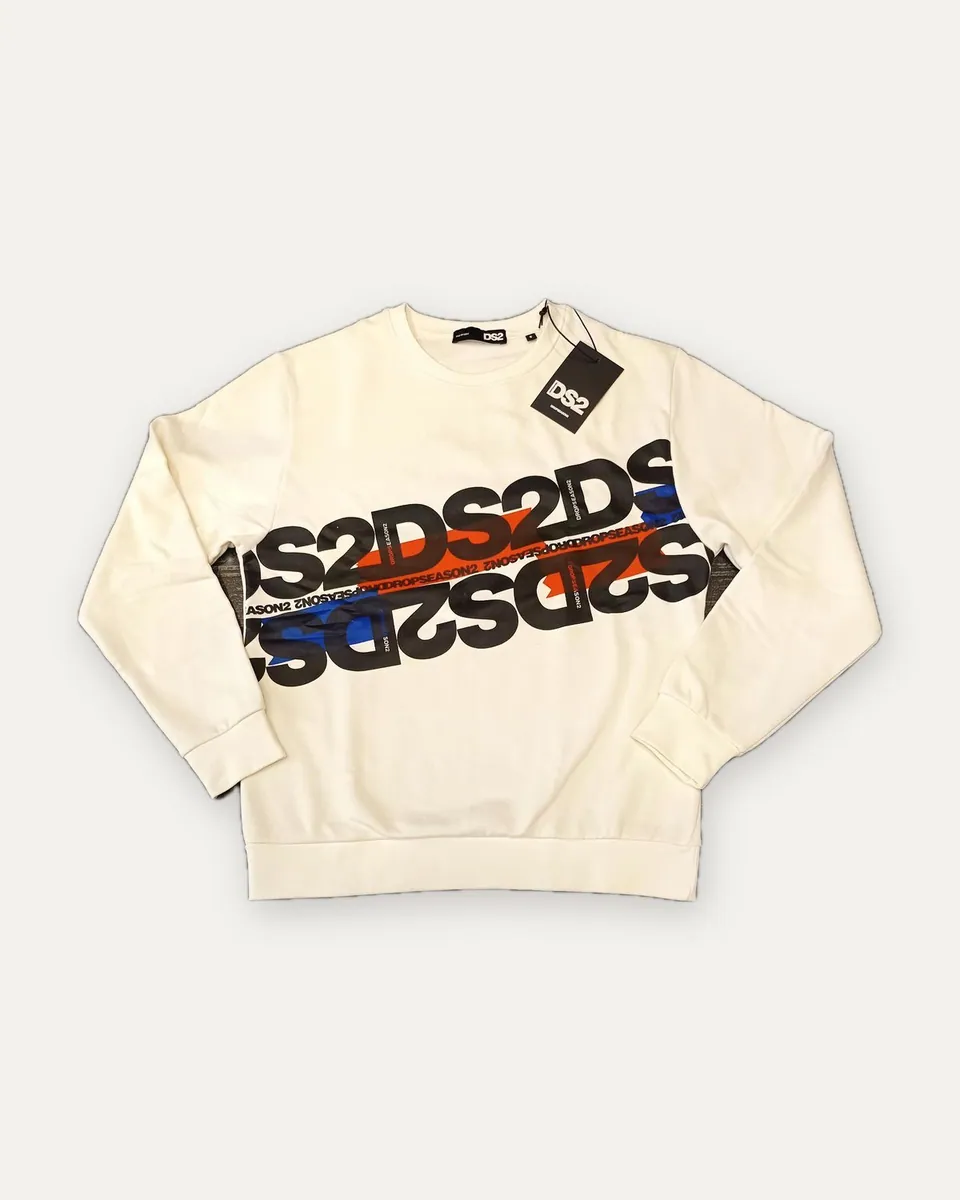 Felpa girocollo con scritte DS2 incrociate DS2, bianco