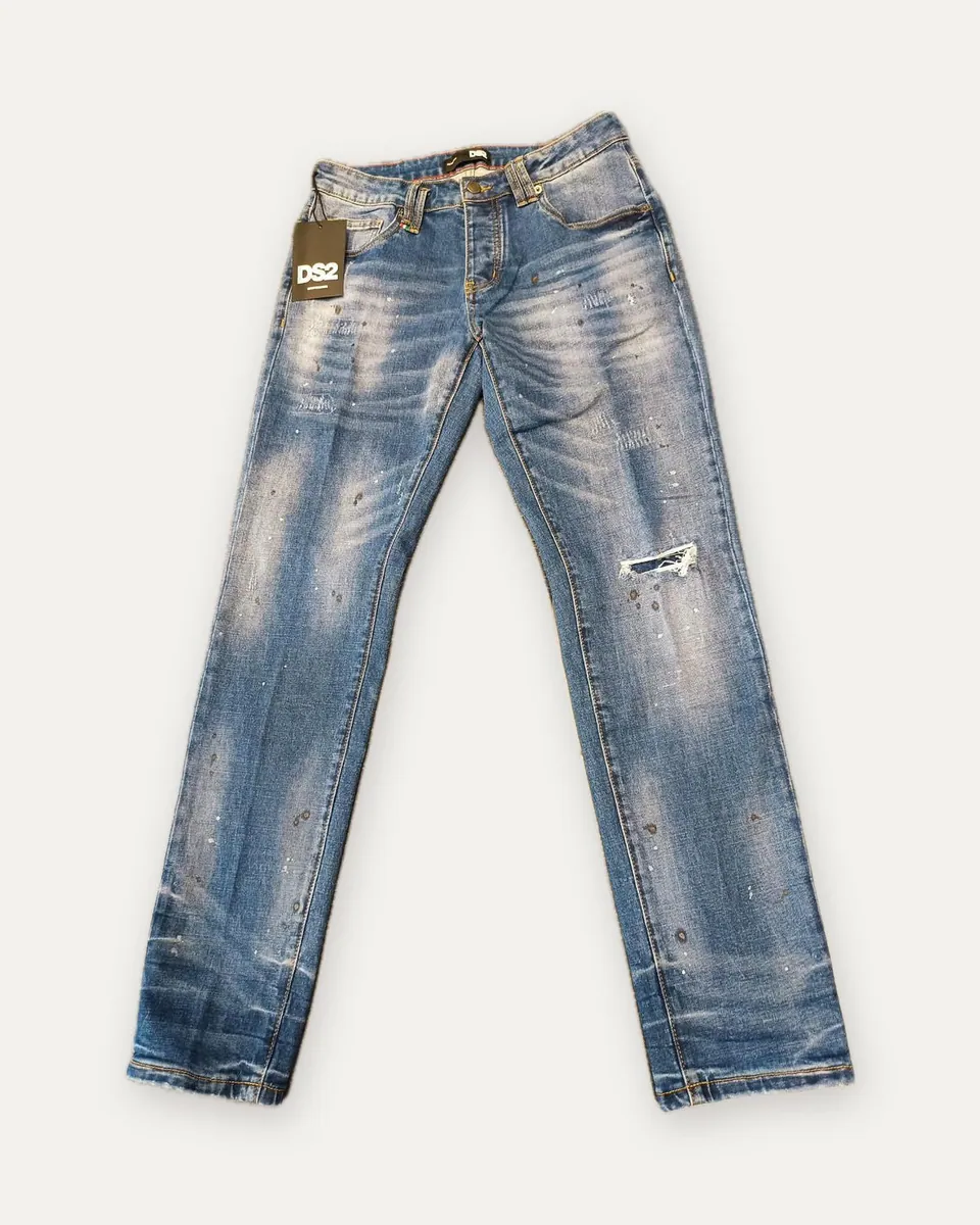Jeans con schizzi di vernice e strappo DS2, blu