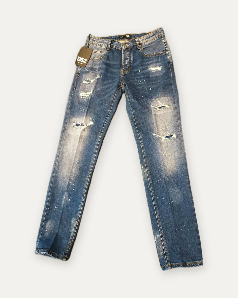 Jeans con strappi e schizzi di vernice DS2, blu