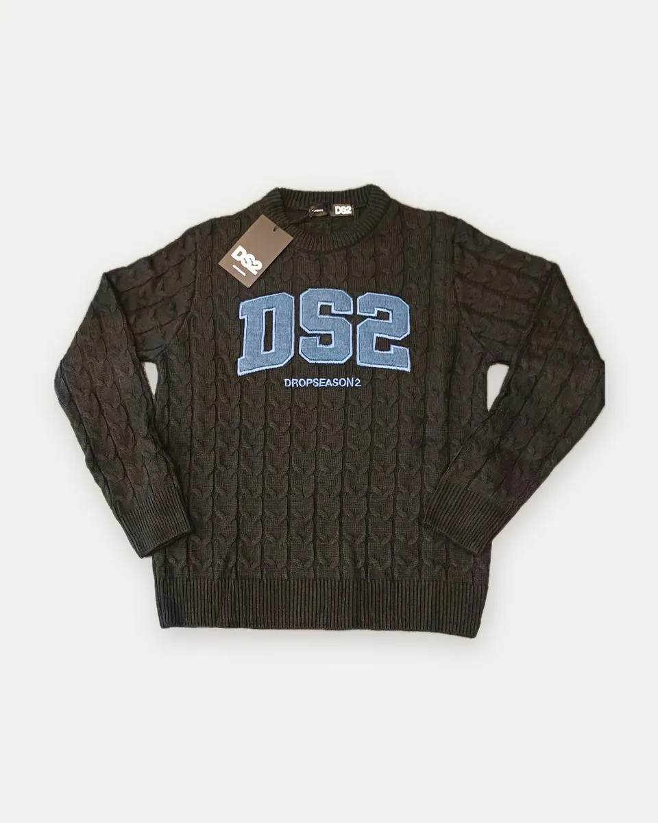 Maglione a trecce con logo in denim DS2, nero
