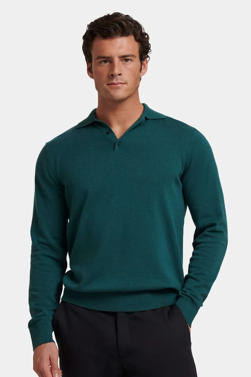 Polo Santoni a maniche lunghe in maglia ICON Amsterdam, verde petrolio, foto 1 di 4