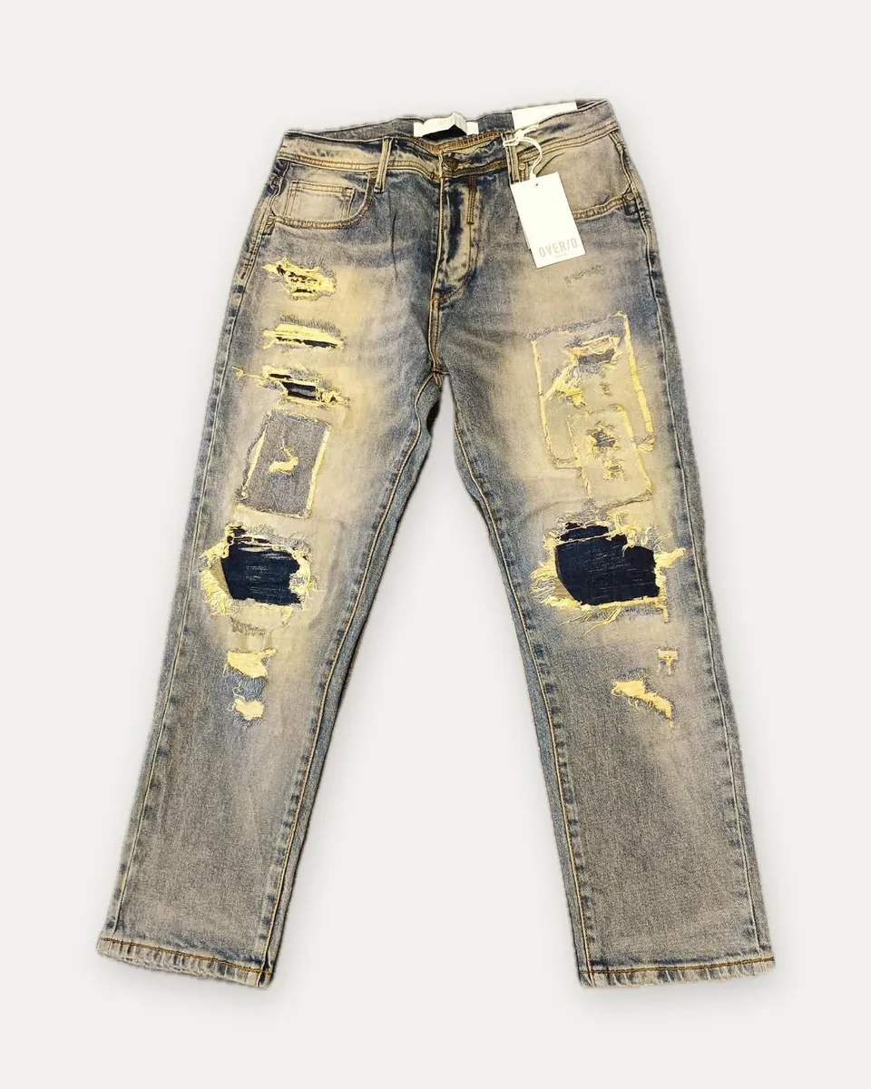 Jeans chiaro con strappi e toppe OVER/D, blu chiaro