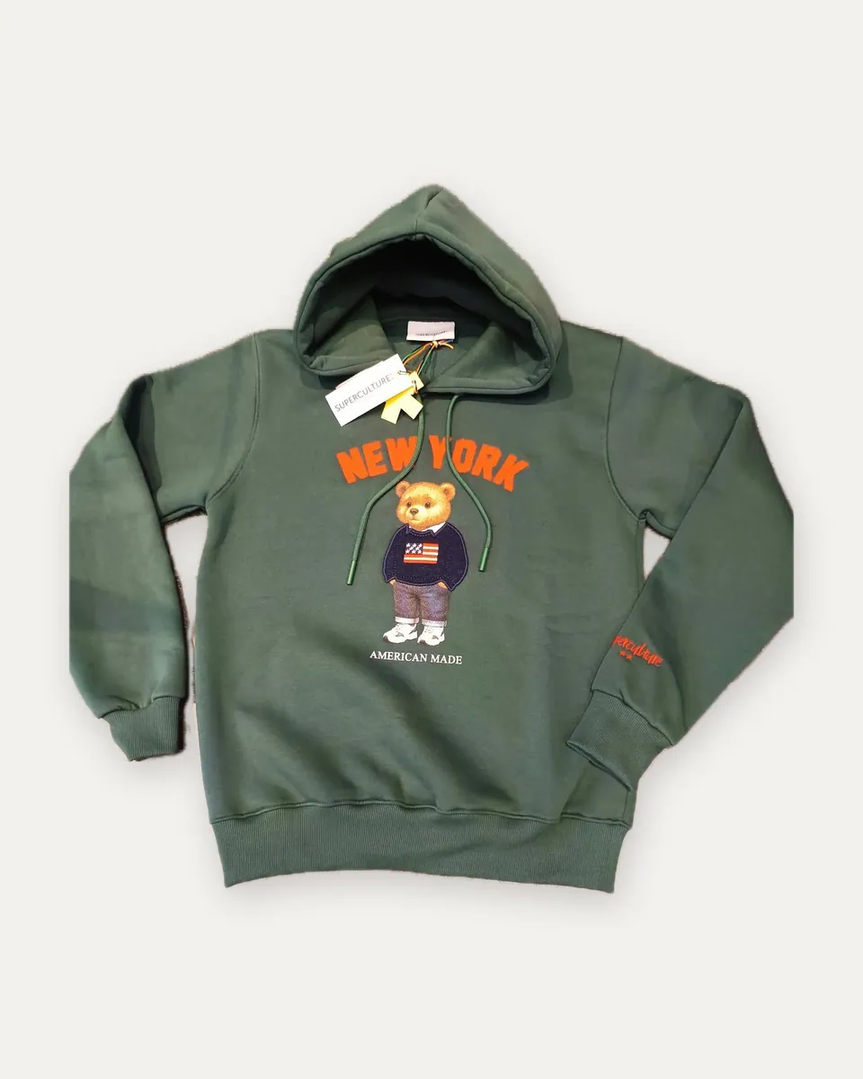 Felpa con cappuccio New York con orsetto Superculture, verde