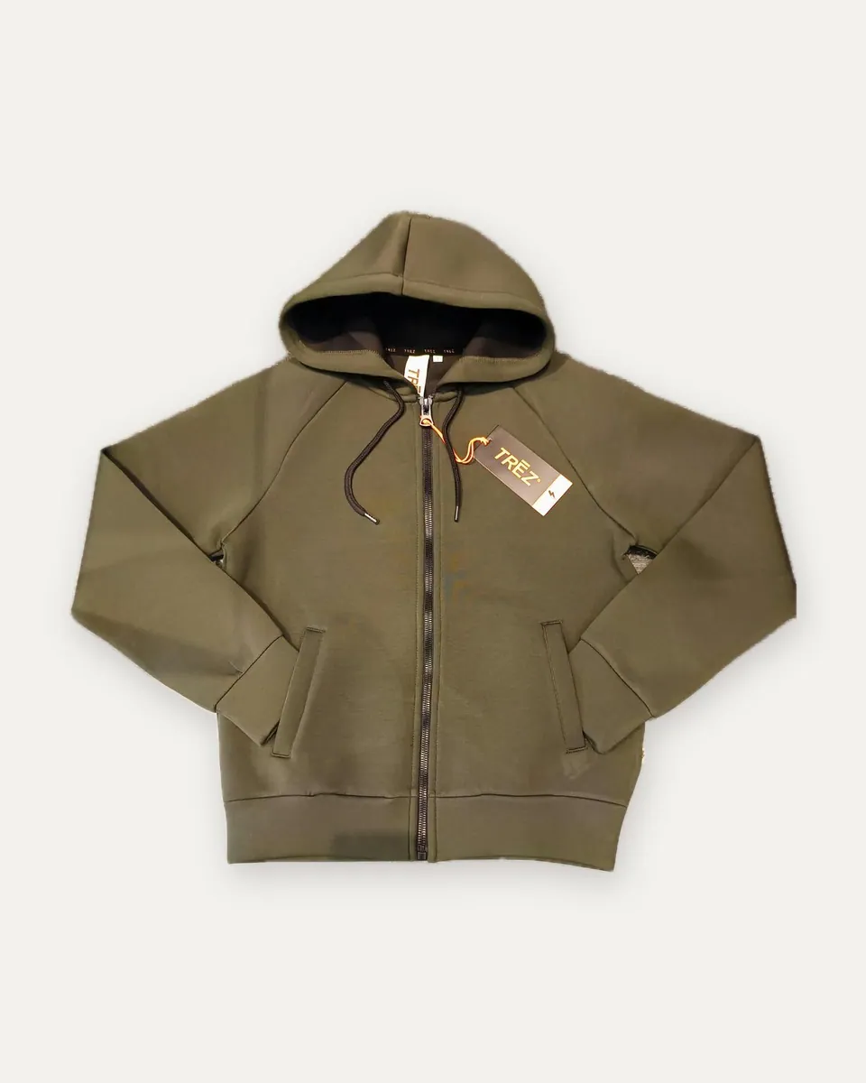 Felpa con zip e cappuccio TRĒZ, verde oliva