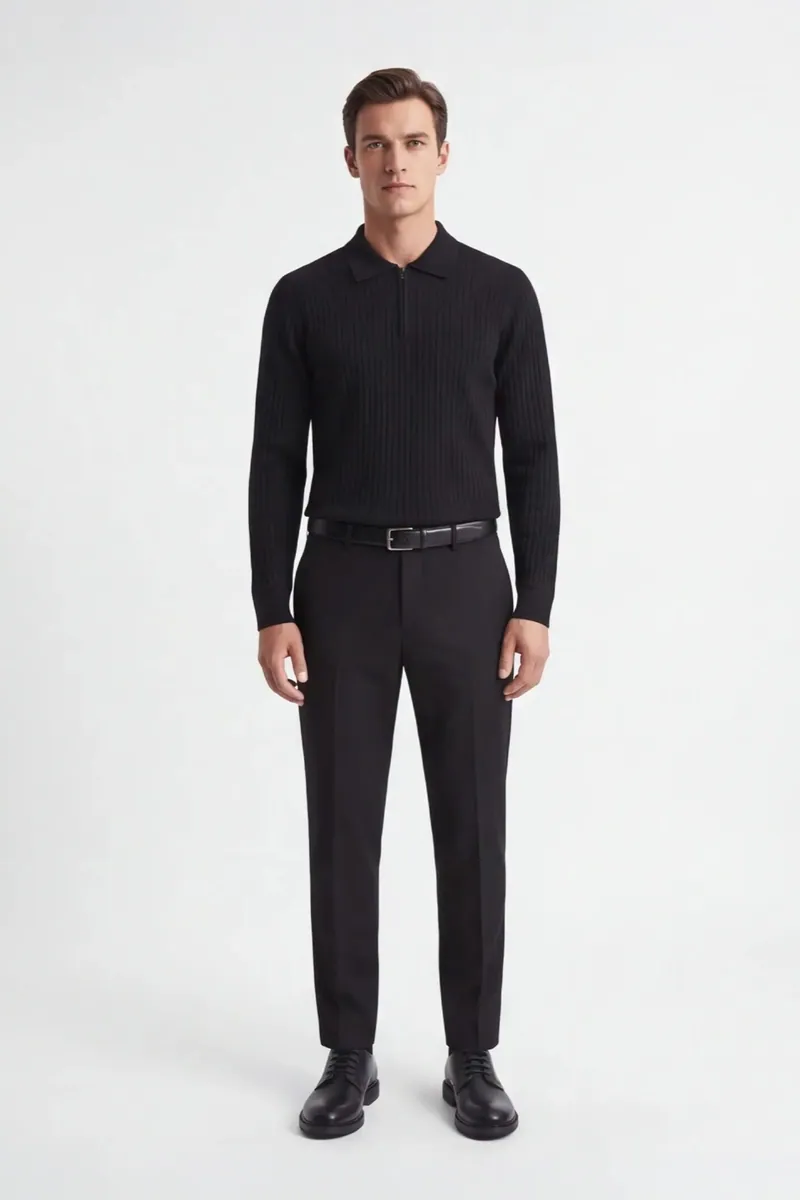 Maglia a costina con collo polo e mezza zip Sonny Bono, nero, foto 1 di 4