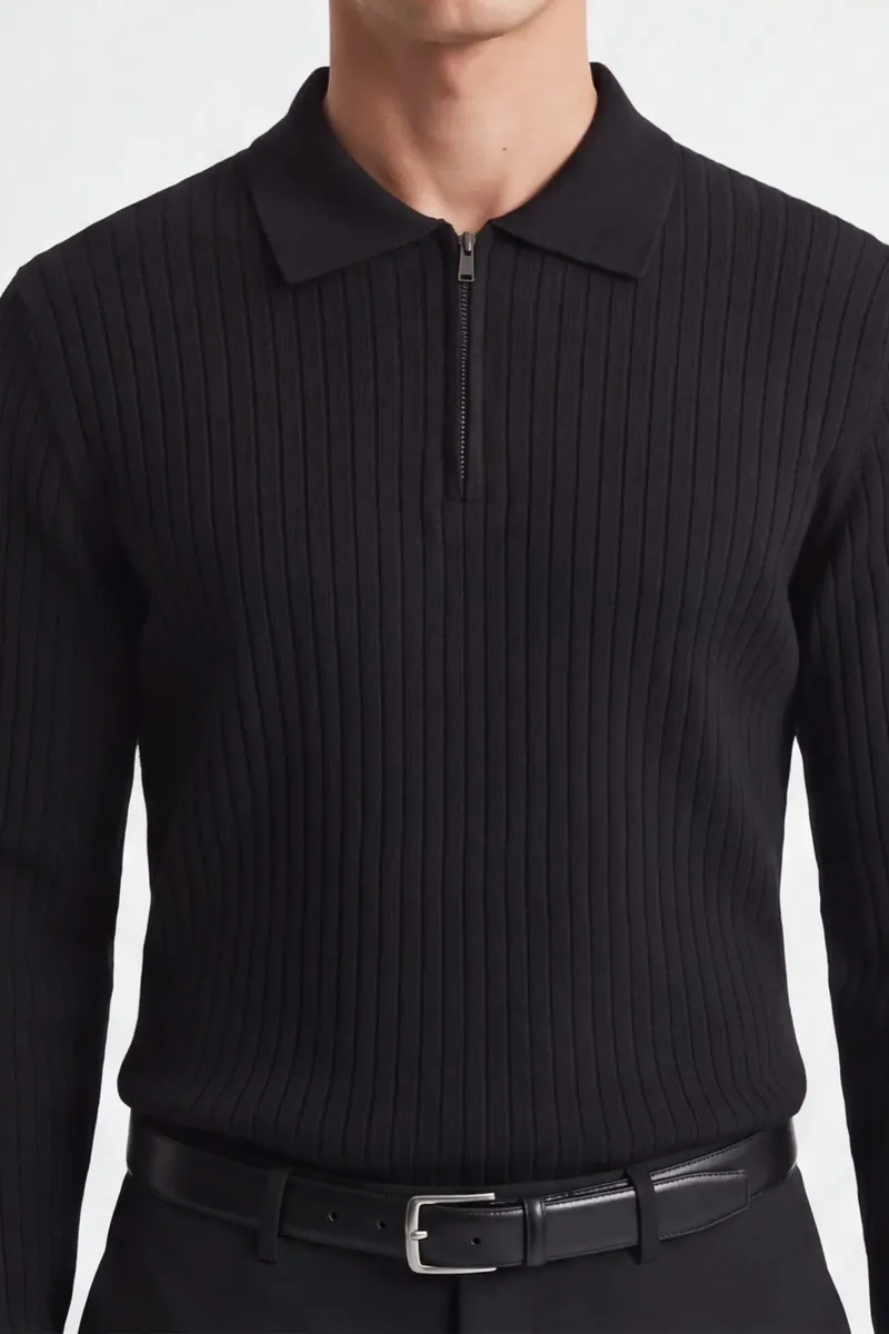 Maglia a costina con collo polo e mezza zip Sonny Bono, nero, foto 2 di 4