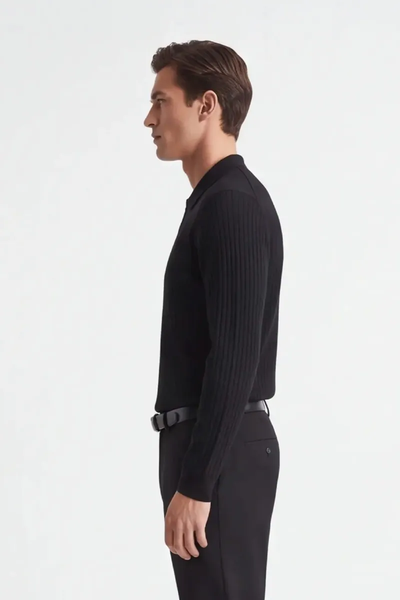 Maglia a costina con collo polo e mezza zip Sonny Bono, nero, foto 3 di 4