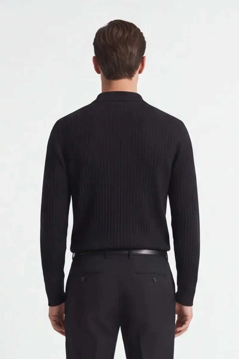 Maglia a costina con collo polo e mezza zip Sonny Bono, nero, foto 4 di 4